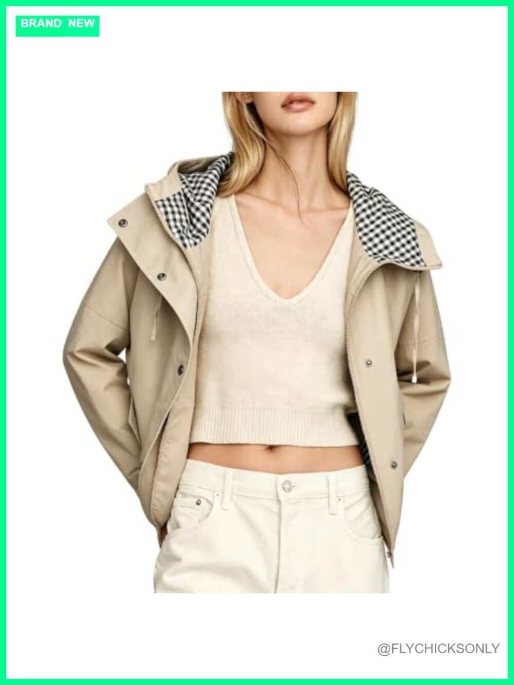 Oversize Trench Coat Plaid Lining Hooded Zip Up Windbreaker